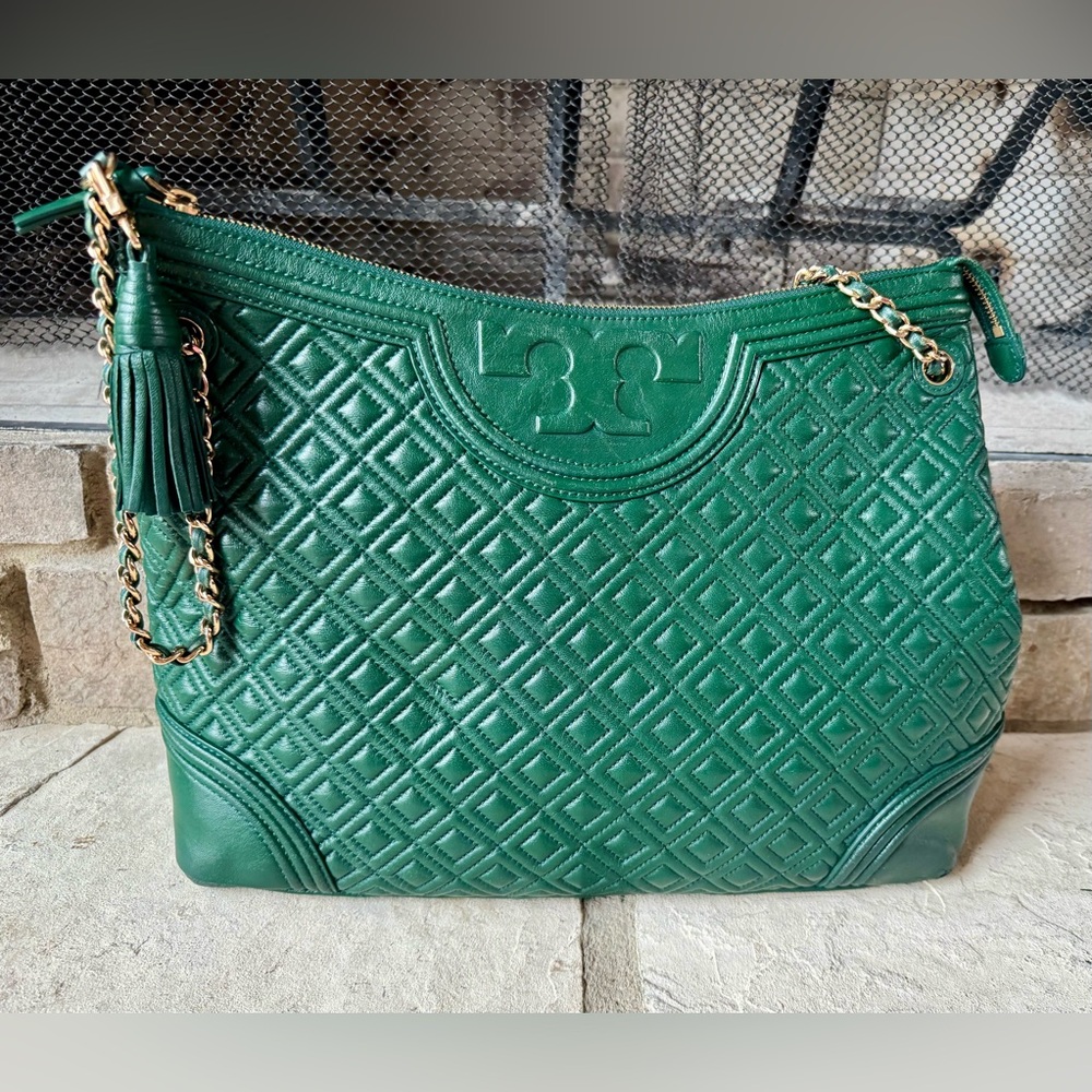 Tory Burch Quilted Fleming Leather Tote in Green